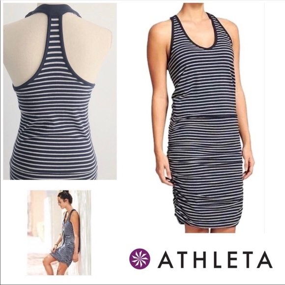 ATHLETA Blue and Gray Ember Stripe Racerback Dress w/ Ruching Size XXS - Picture 8 of 8